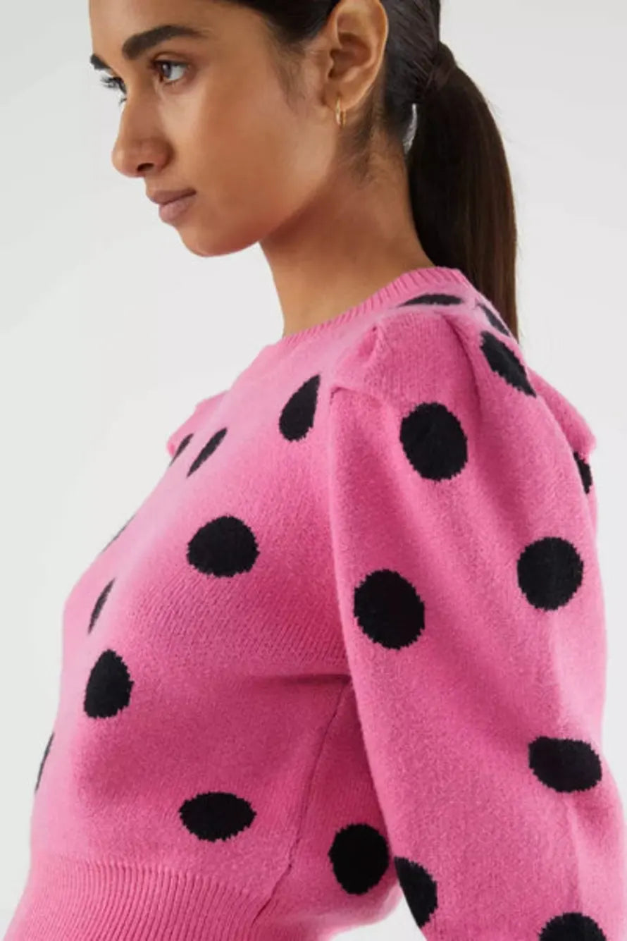 Compania Fantastica - Knit sweater with puffed sleeves and pink polka dot print