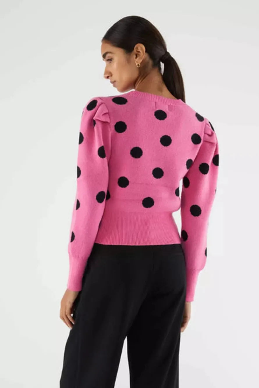 Compania Fantastica - Knit sweater with puffed sleeves and pink polka dot print