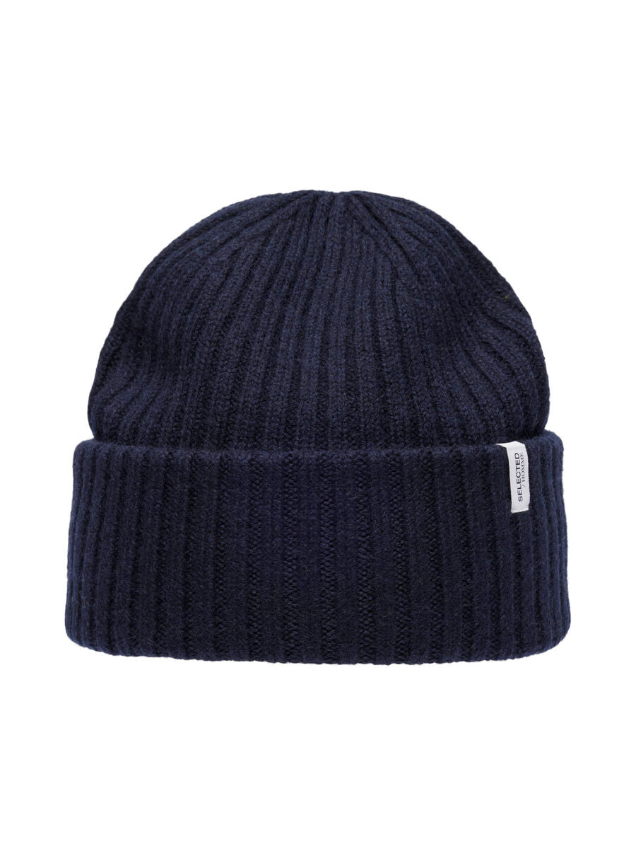Selected Homme Merino Wool Sailor Rib Beanie in Dark Navy
