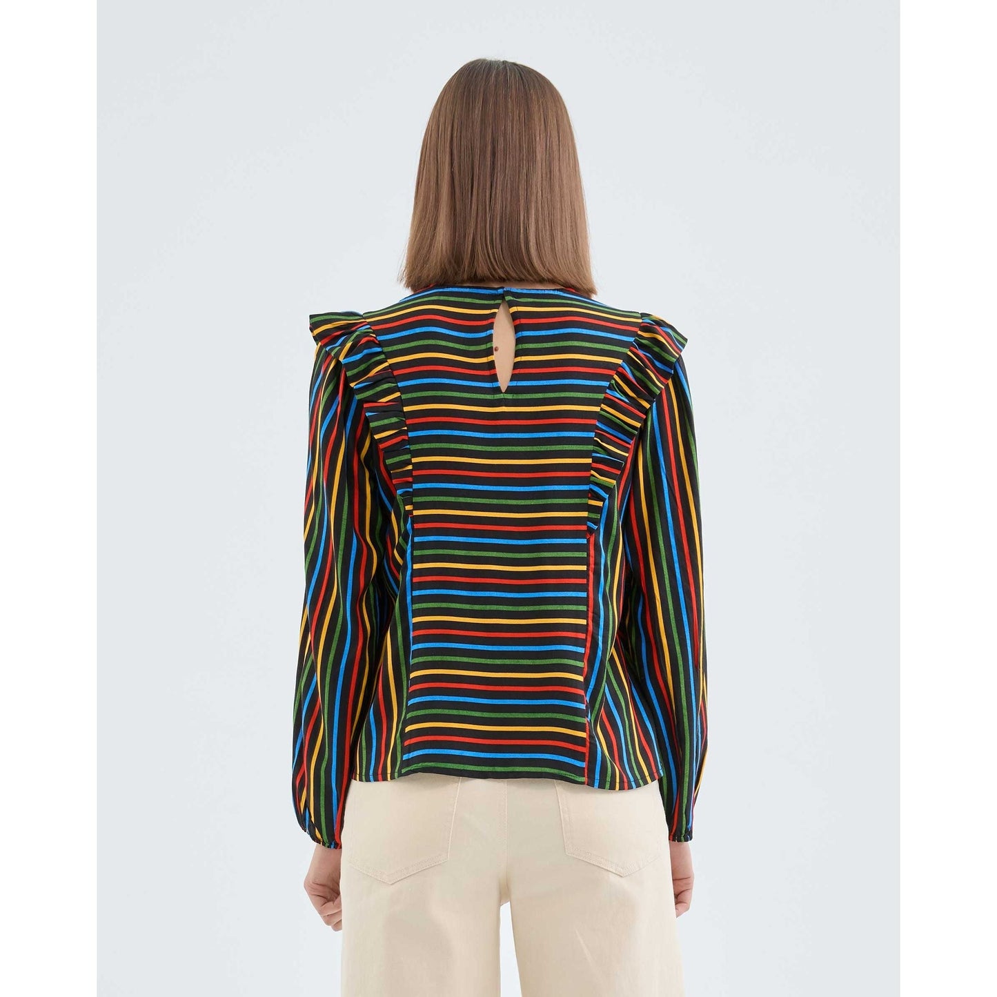 Compania Fantastica - Long-sleeved top with ruffles and multicolored stripe print