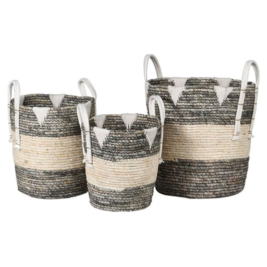 Set of 3 Grey and White Baskets with Handles