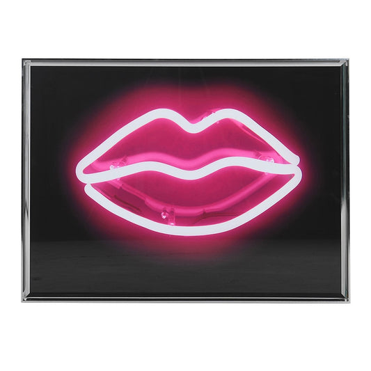 Neon Pink Lips Art with Silver Frame
