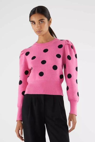 Compania Fantastica - Knit sweater with puffed sleeves and pink polka dot print