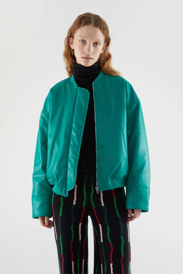 Compañia Fantastica - Padded green leather bomber jacket
