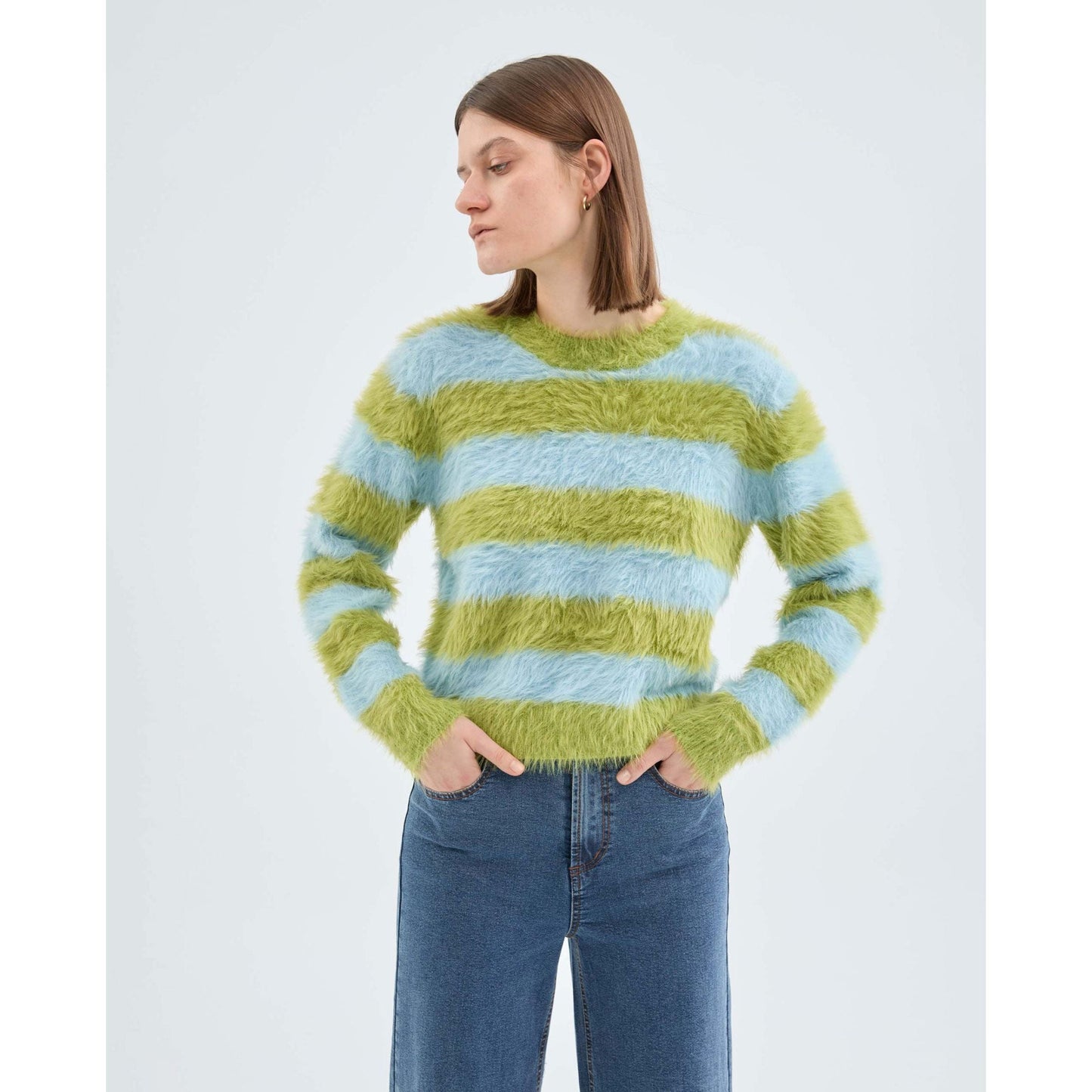 Compania Fantastica - Green and Blue Textured Striped Knit Sweater