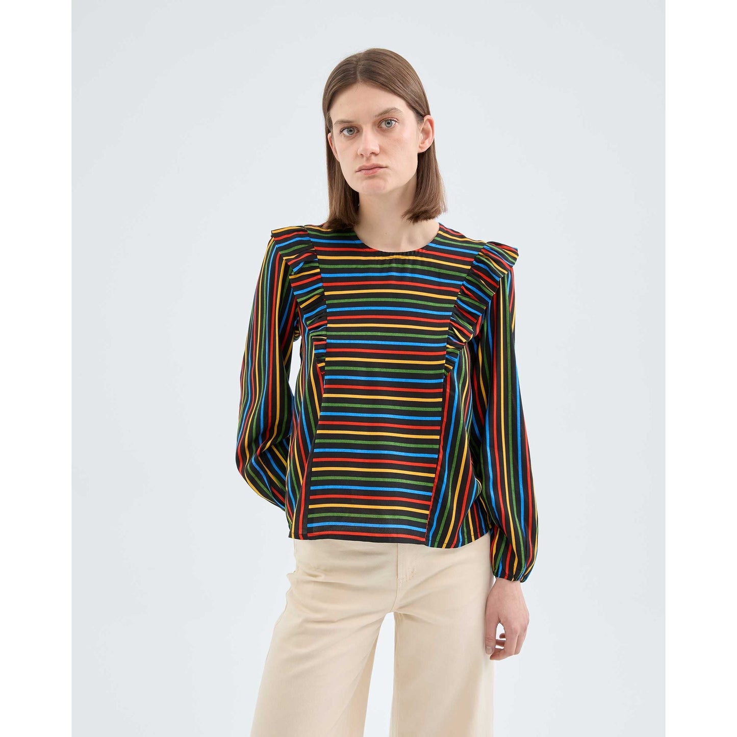 Compania Fantastica - Long-sleeved top with ruffles and multicolored stripe print